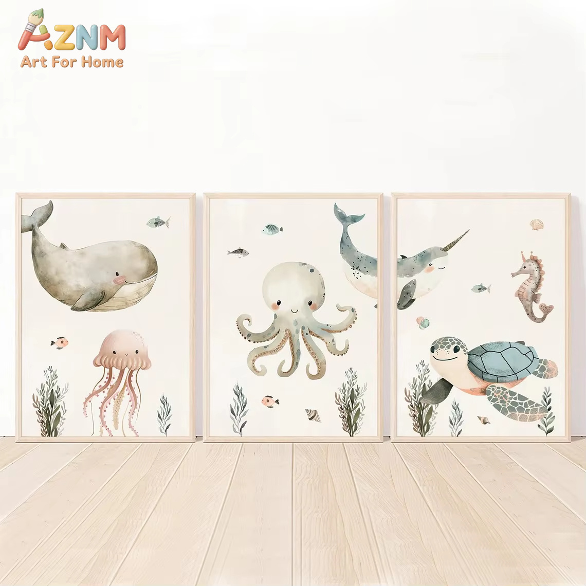 Baby Nursery Ocean - AZNM Suluboya Sevimli Okyanus Hayvan Tuval