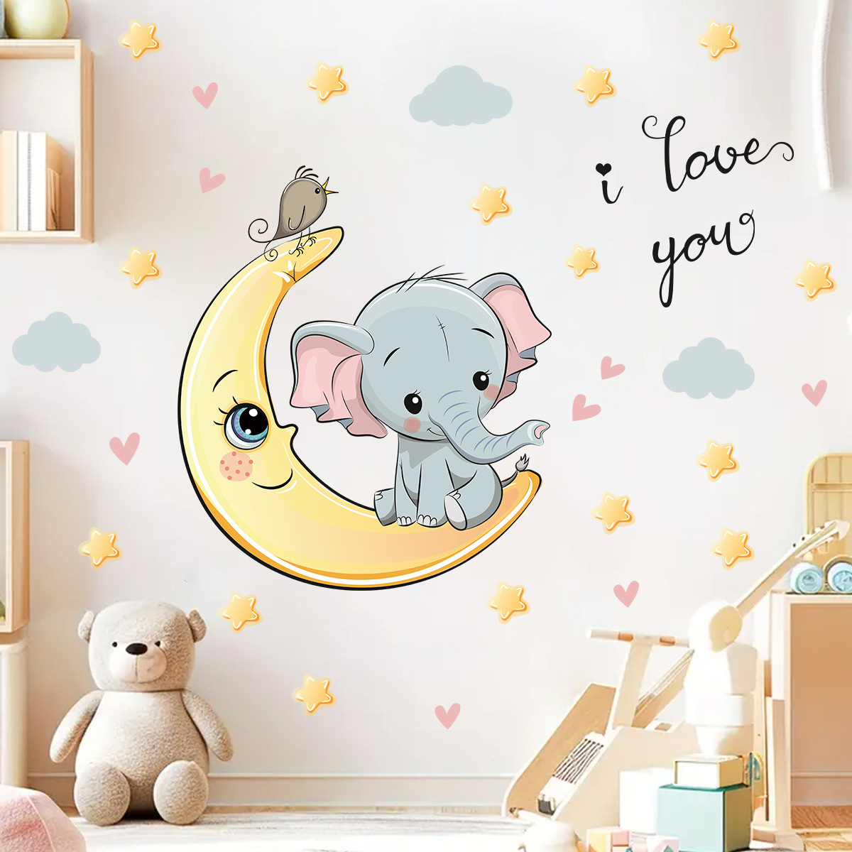 Baby Nursery Furniture - Karikatür Ay Iyi Geceler Fil duvar