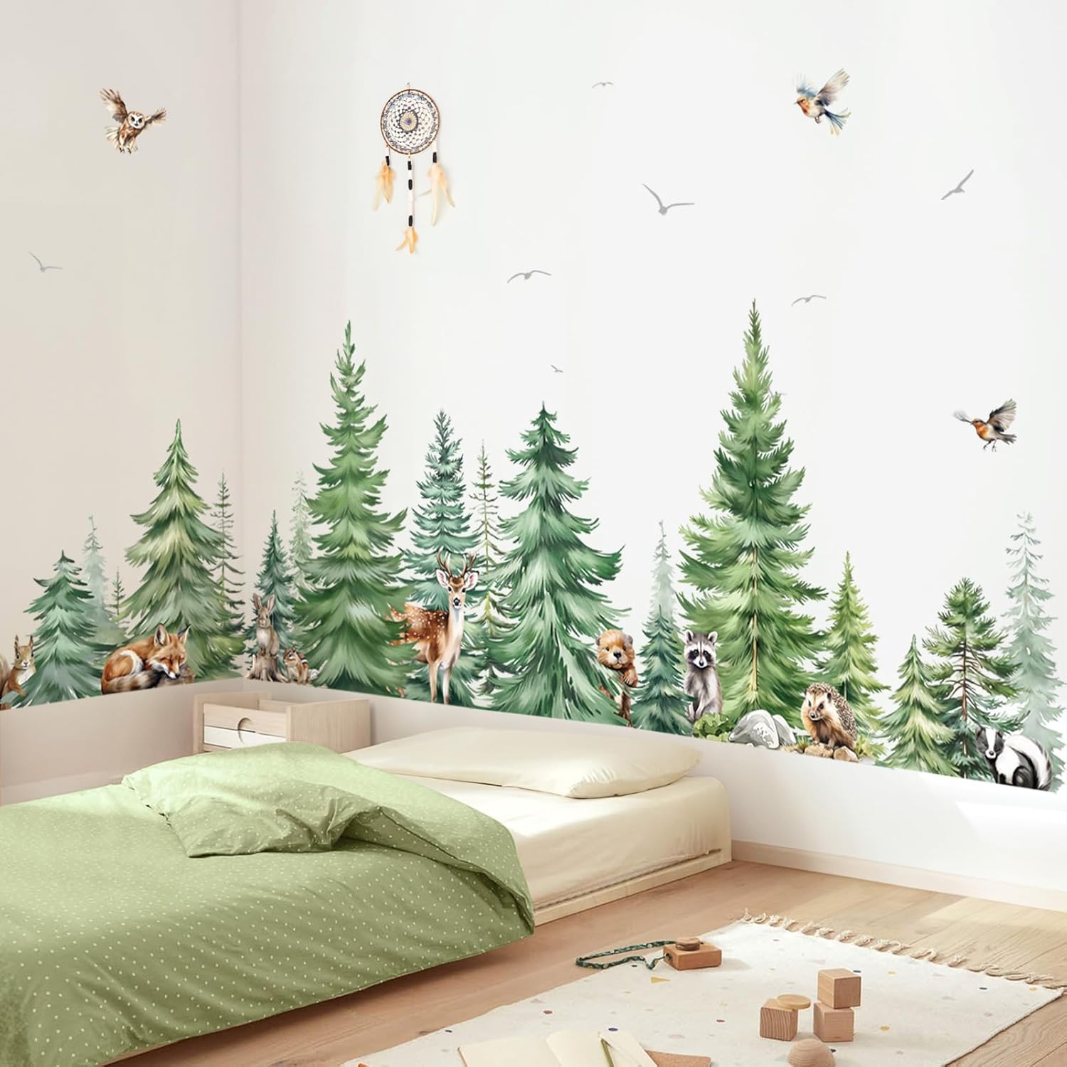 Baby Nursery Plants - Büyük Suluboya Çam Ağacı Hayvanlar Duvar