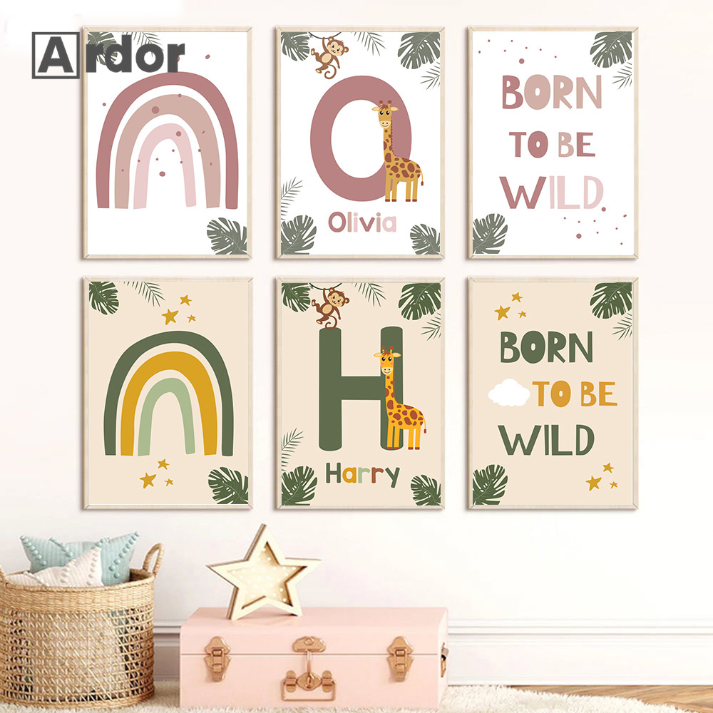 Baby Nursery Jungle - Iskandinav Orman Hayvan Posterler Özel Ad