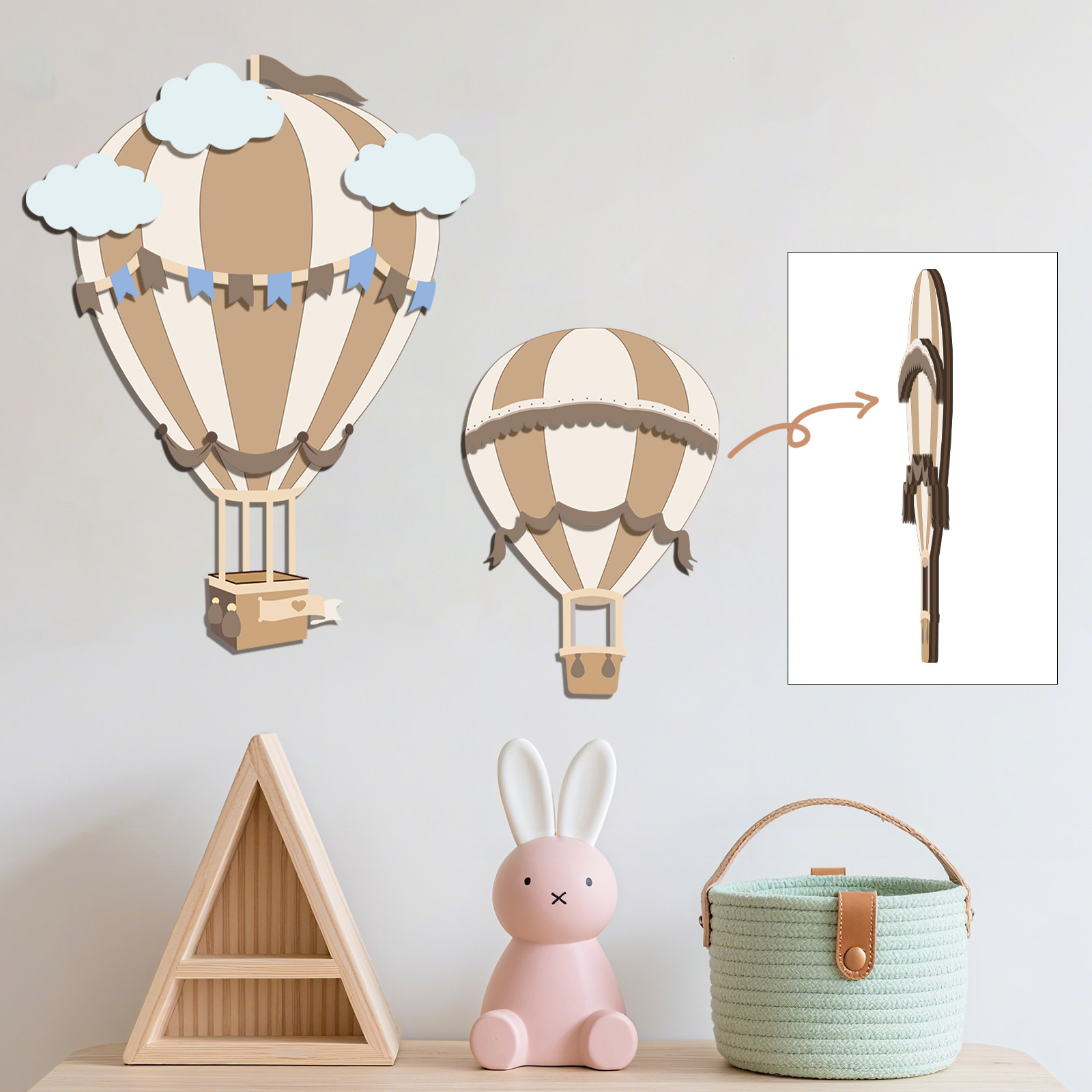 Baby Nursery Hot Air Balloon - Nötr Sıcak Hava Balonu Ahşap Duvar