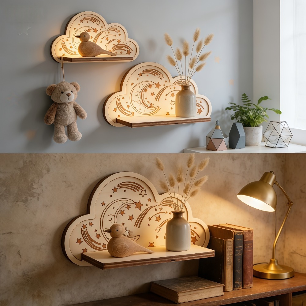 Baby Nursery Floating Shelves - Ahşap Bulut Duvar Rafı Yıldız Ay