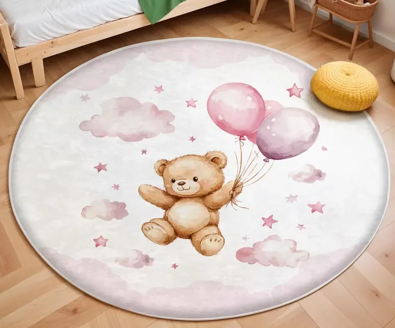 Soft Rug Nursery - Pembe Balon Ayı Bulut Yuvarlak Halı