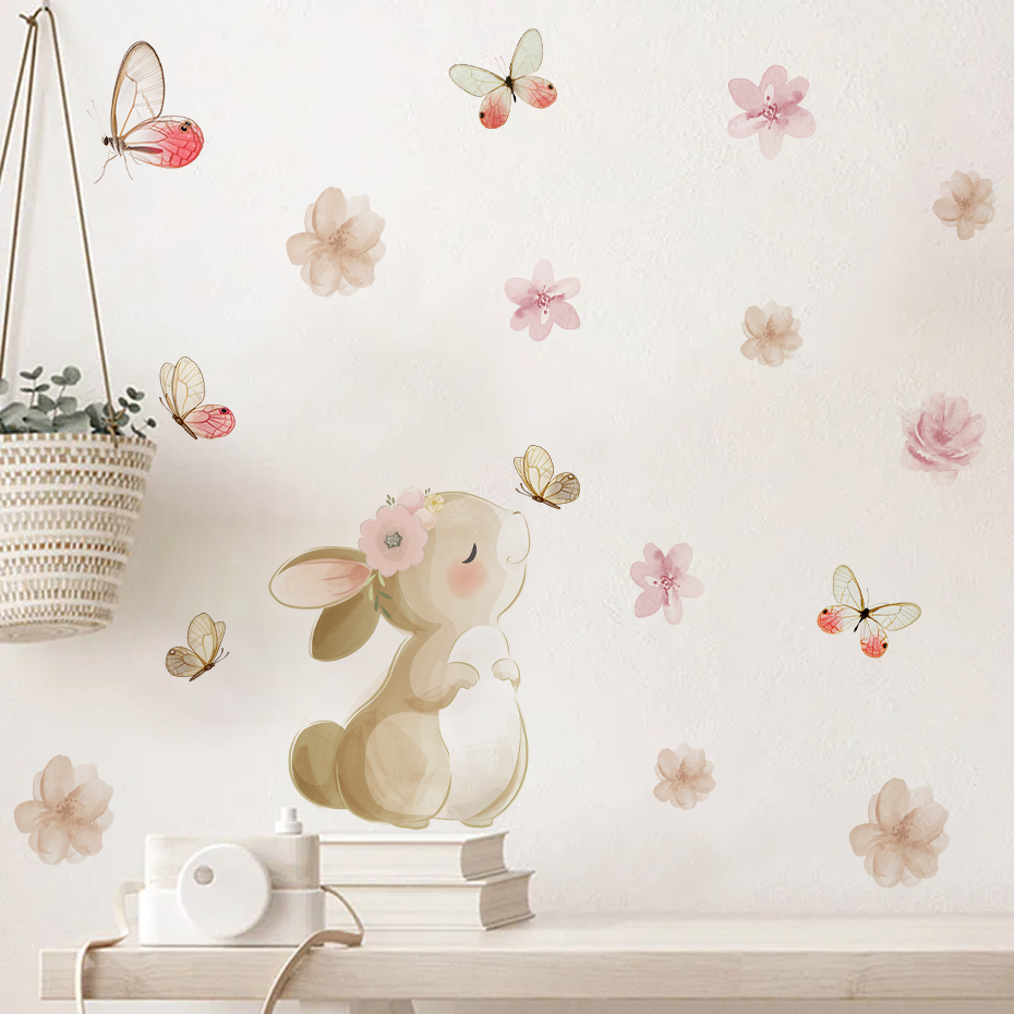 Baby Nursery Furniture - Karikatür Tavşan Çiçekler Kelebek Duvar Sticker
