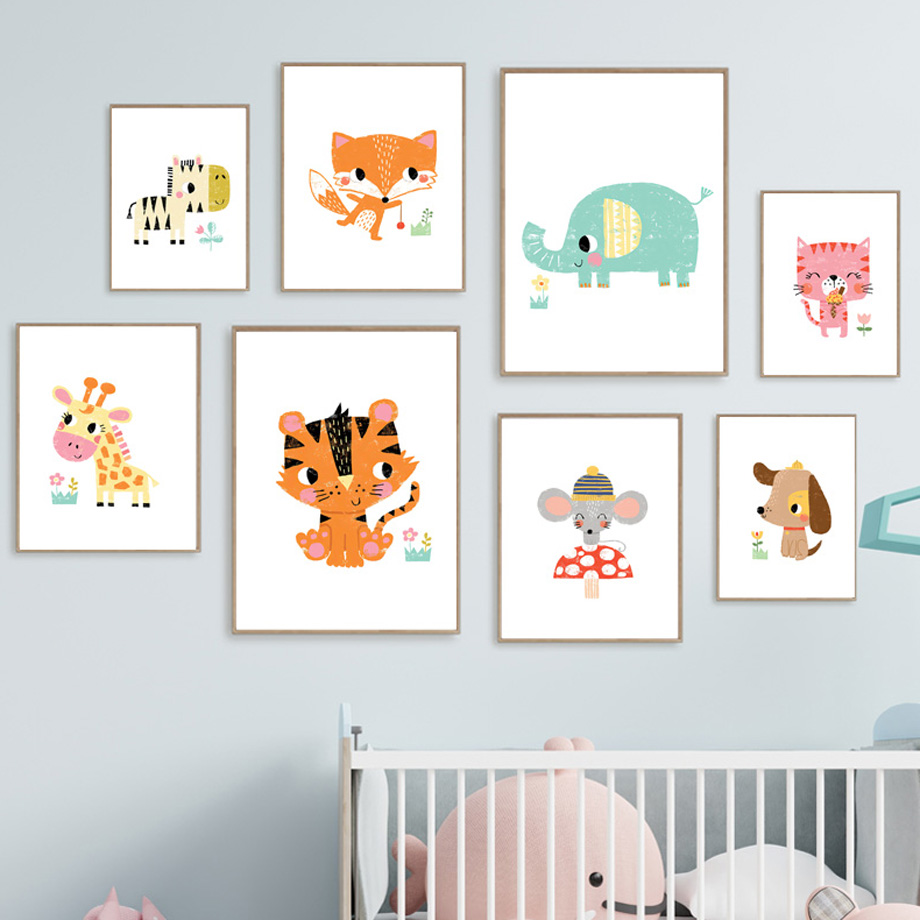 Baby Nursery Zoo Animals - Karikatür Bebek Hayvan Kreş Duvar Sanatı