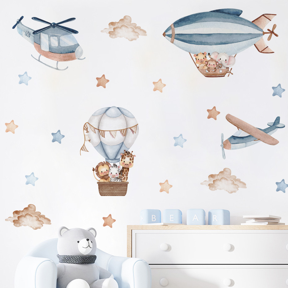 Baby Nursery Hot Air Balloon - Suluboya Hayvanlar Sıcak Hava Balonu Bulutlar
