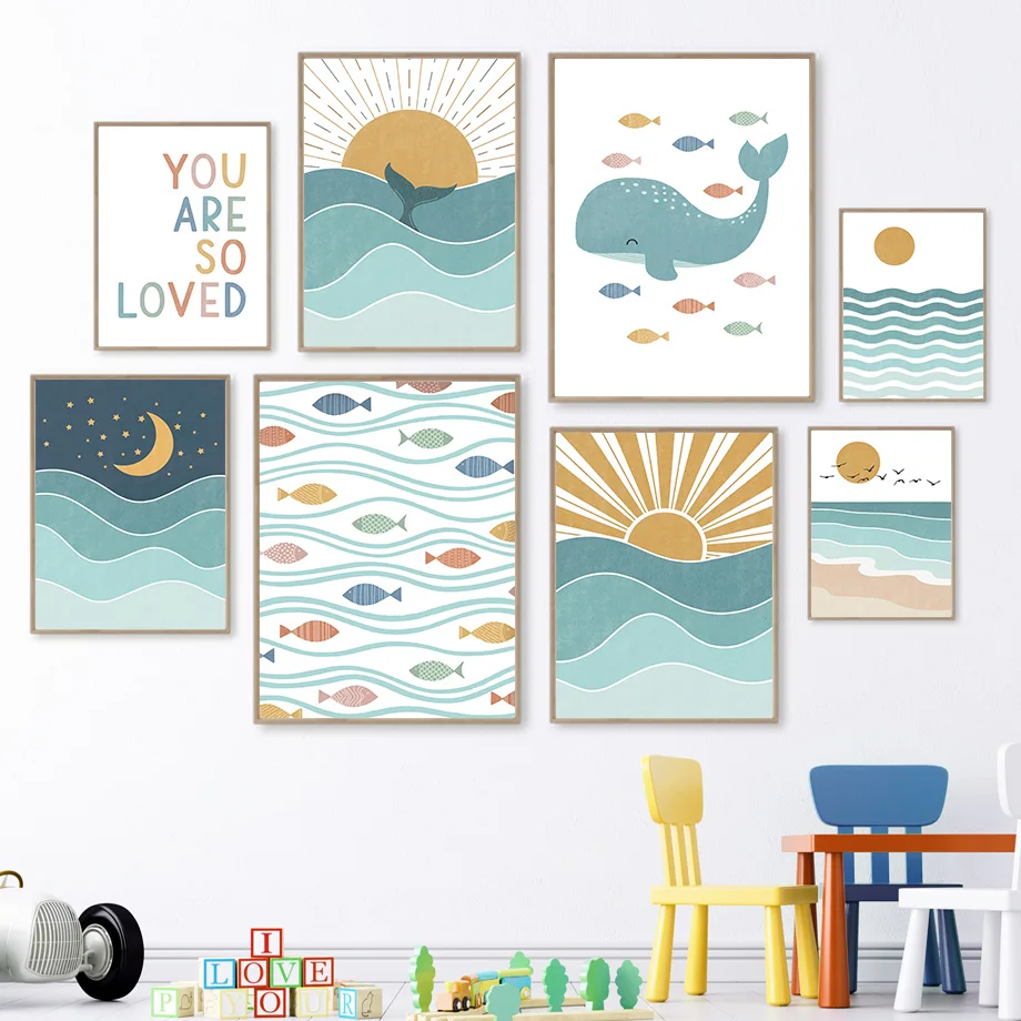 Baby Nursery Ocean - 1 adet çerçevesiz Balık Balina Martı