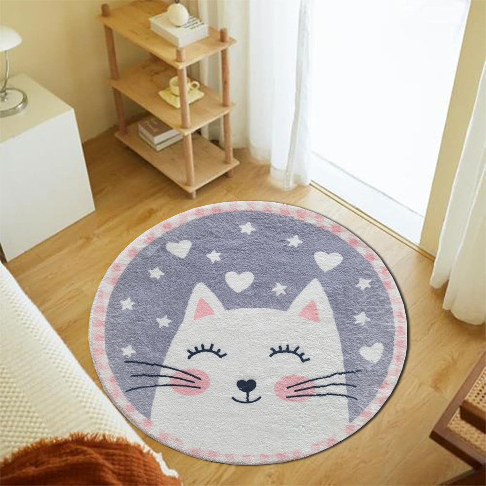 Soft Rug Nursery - Sevimli Kedi Yuvarlak Halı Flanel Yumuşak