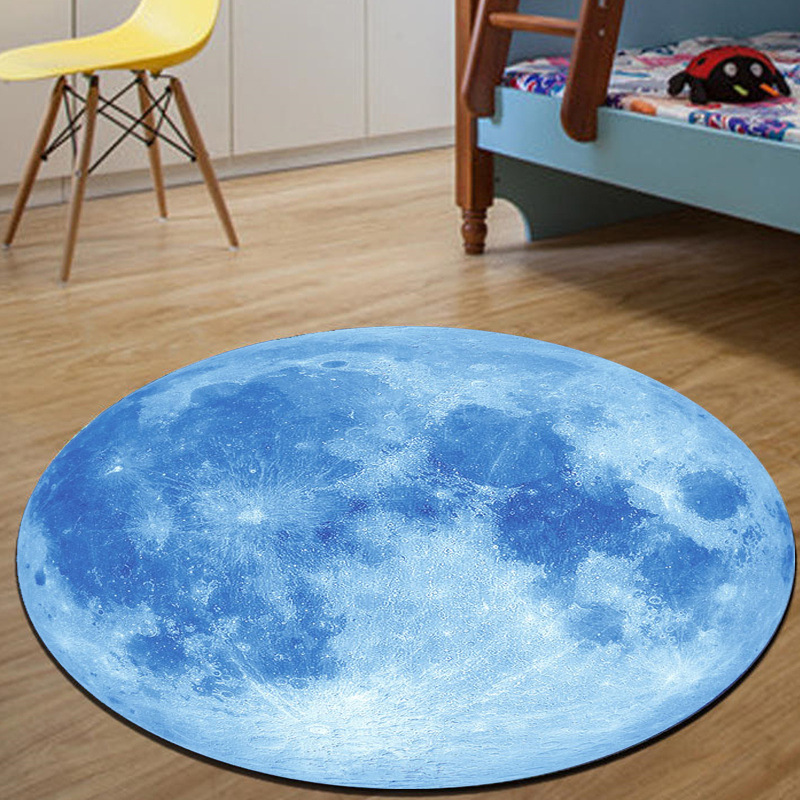 Soft Rug Nursery - Gerçekçi Mavi Dolunay Baskılı Yuvarlak Halı,