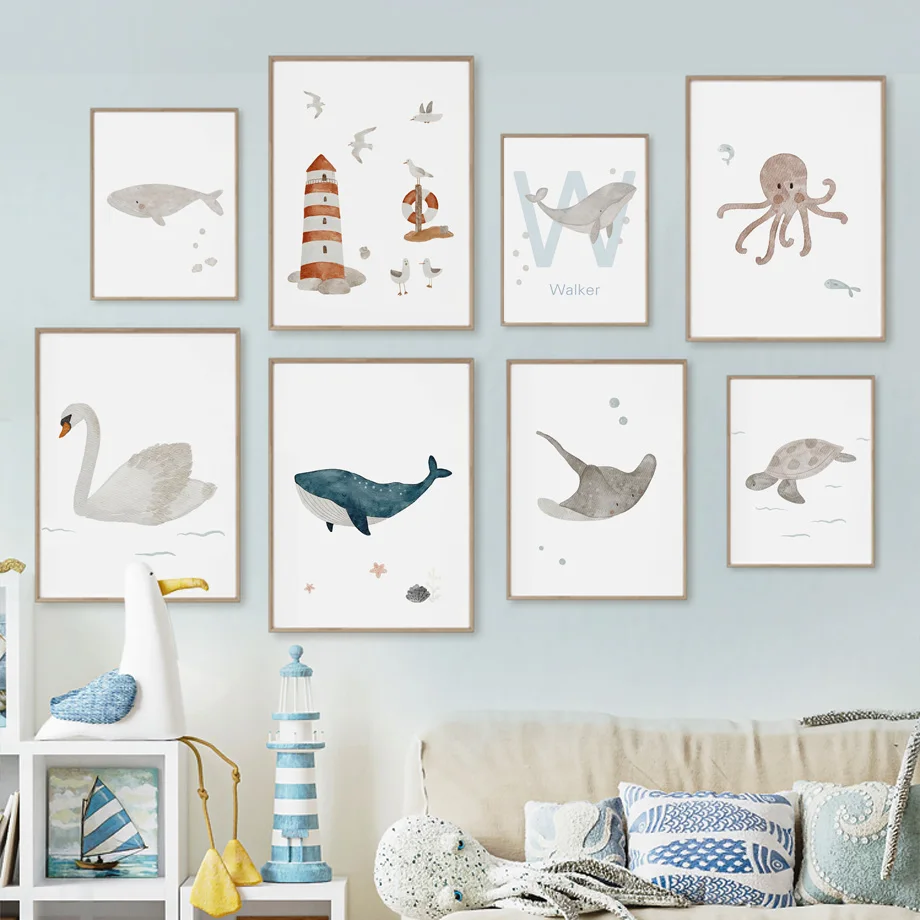 Baby Nursery Ocean - Özel Ad Balina Ahtapot Kaplumbağa Kuğu