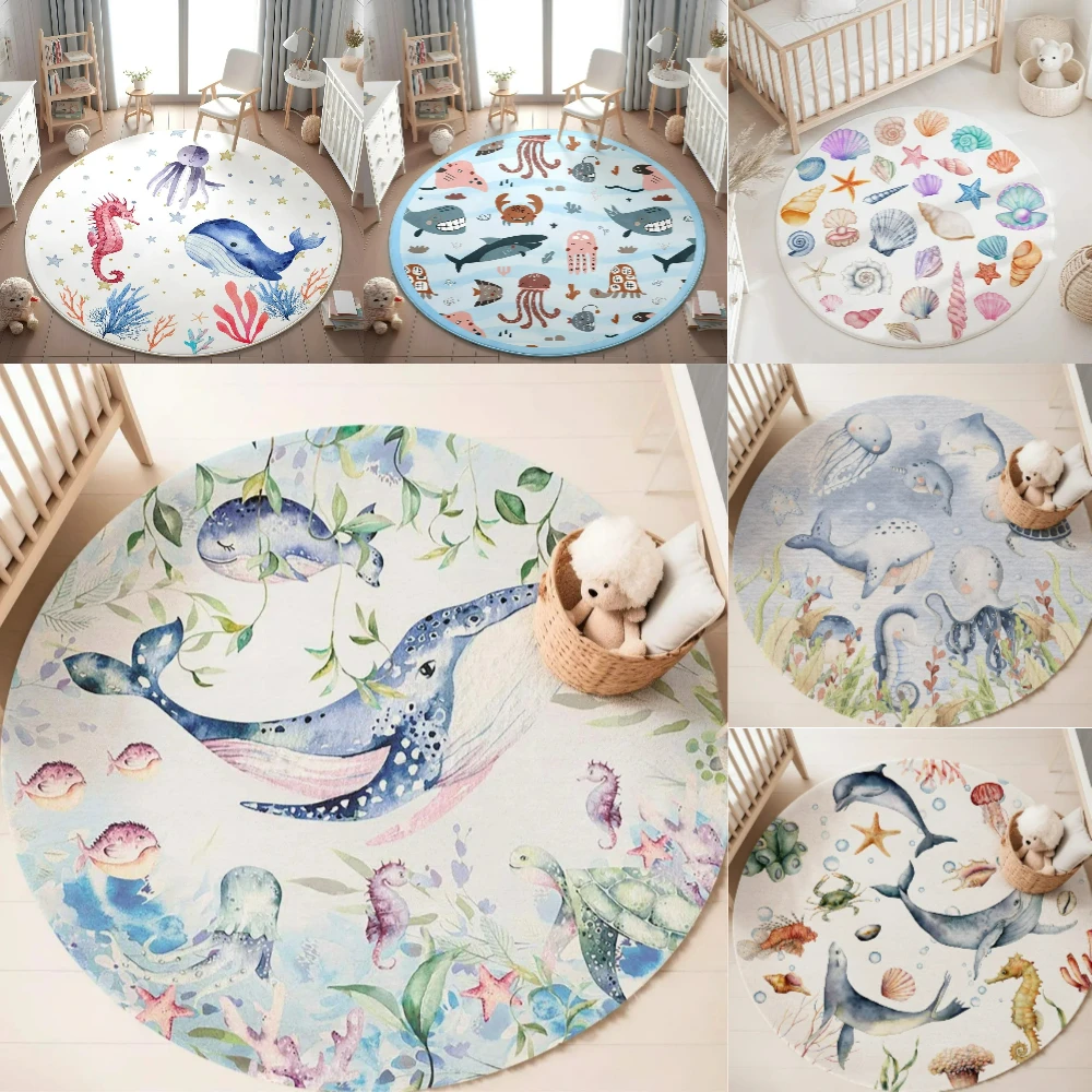 Baby Nursery Rug - Mavi Deniz Hayvanı Yuvarlak Halı Oturma