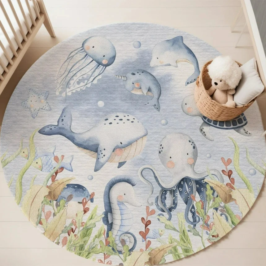 Mavi Deniz Hayvanı Yuvarlak Ha - Baby Nursery Rug incelemesi ve fiyatı